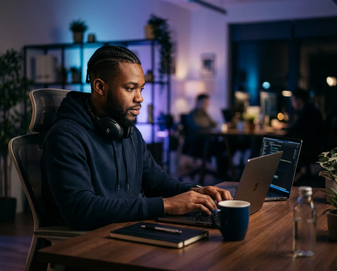 A developer practising for an interview at a laptop in a dim, focused workspace
