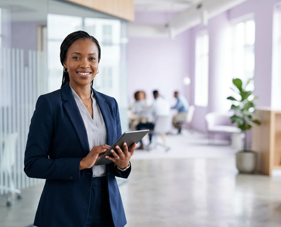 A smiling professional woman holding a tablet in a modern office