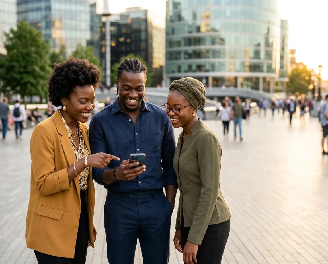 Three young professionals connecting over their phones in a city plaza